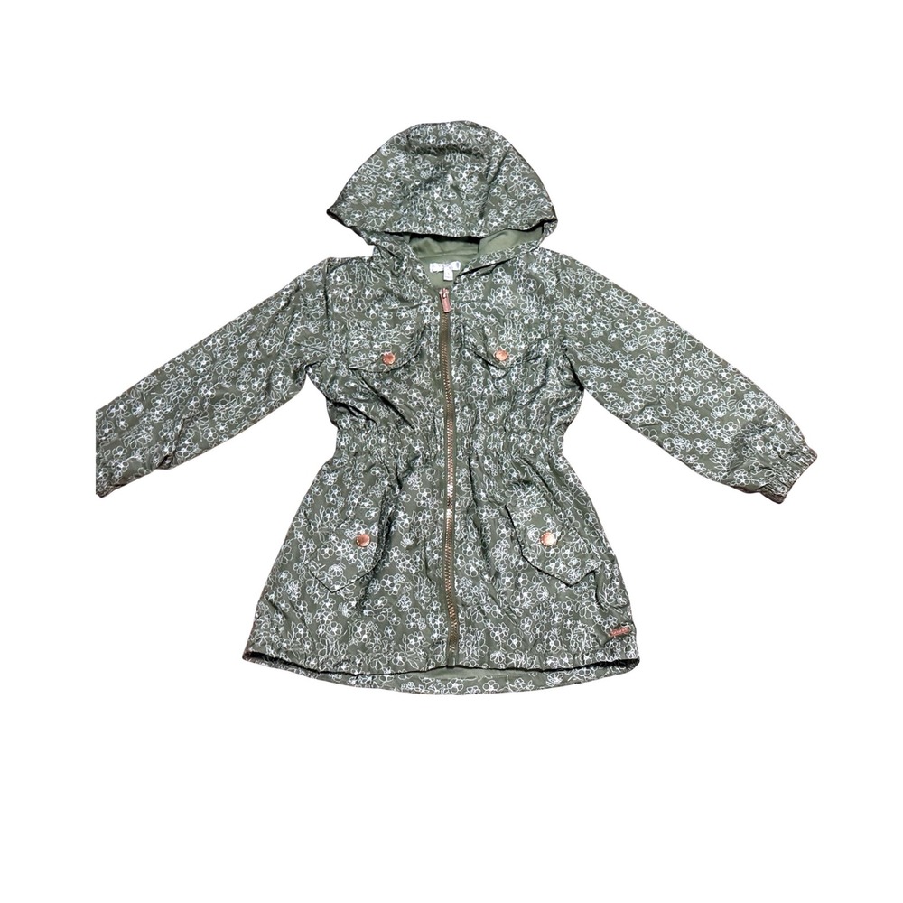 Tahari Kids Olive Green Floral Print Hooded Anorak Jacket Size 5 Rose Gold Zip